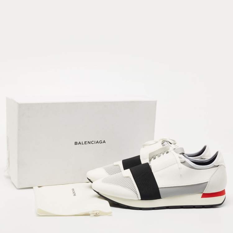 Pre Owned Balenciaga White/Grey Leather and Mesh Race Runner Sneakers Size 44