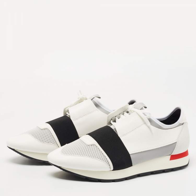 Pre Owned Balenciaga White/Grey Leather and Mesh Race Runner Sneakers Size 44