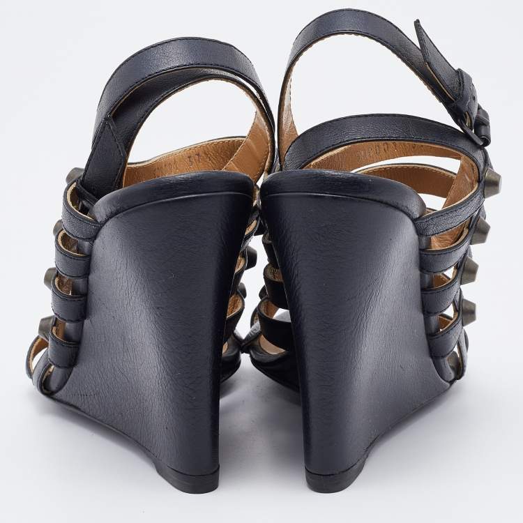 مملوكة مسبقًا Balenciaga Black Leather Arena Studded Gladiator Wedge Sandals Size 37.5