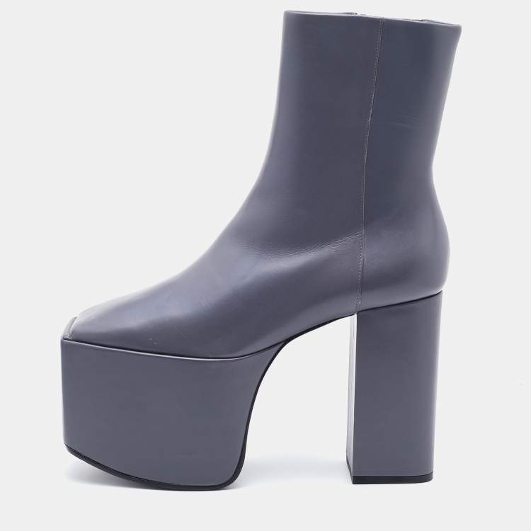 Pre Owned Balenciaga Grey Leather Block Heel Platform Ankle Length Boots Size 38