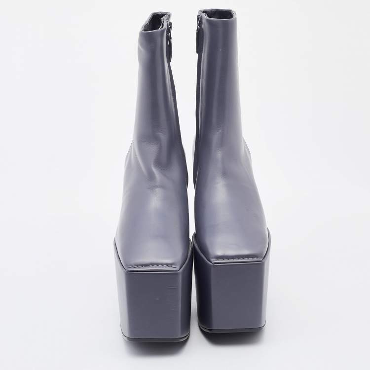 Pre Owned Balenciaga Grey Leather Block Heel Platform Ankle Length Boots Size 38