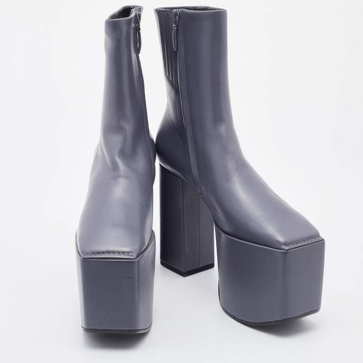Pre Owned Balenciaga Grey Leather Block Heel Platform Ankle Length Boots Size 38