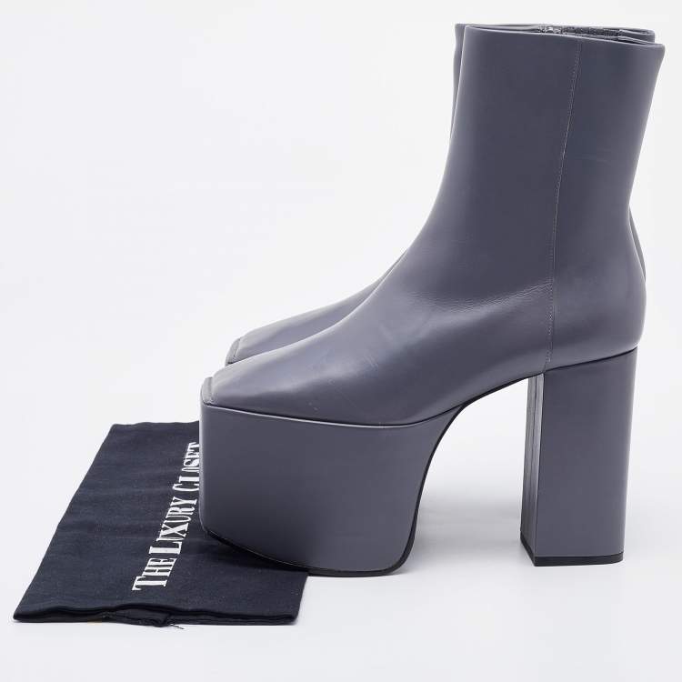 Pre Owned Balenciaga Grey Leather Block Heel Platform Ankle Length Boots Size 38
