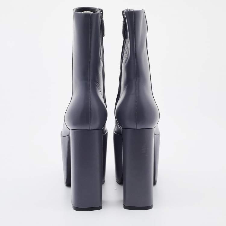 Pre Owned Balenciaga Grey Leather Block Heel Platform Ankle Length Boots Size 38