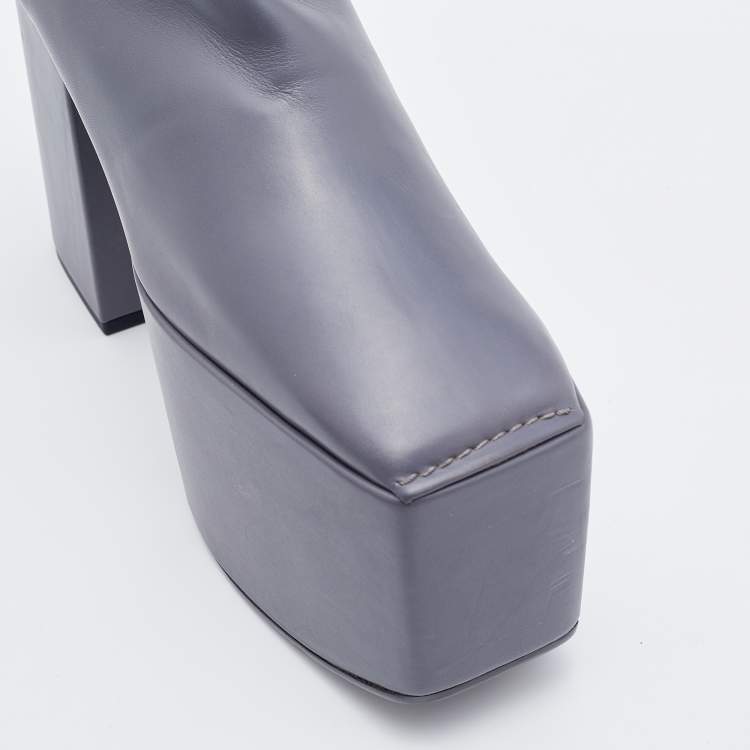 Pre Owned Balenciaga Grey Leather Block Heel Platform Ankle Length Boots Size 38