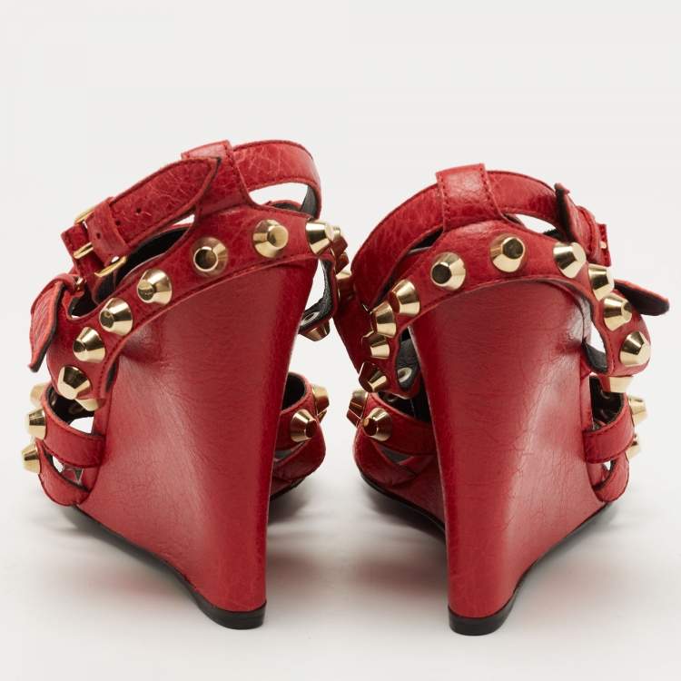 Pre Owned Balenciaga Red Leather Arena Wedge Sandals Size 40