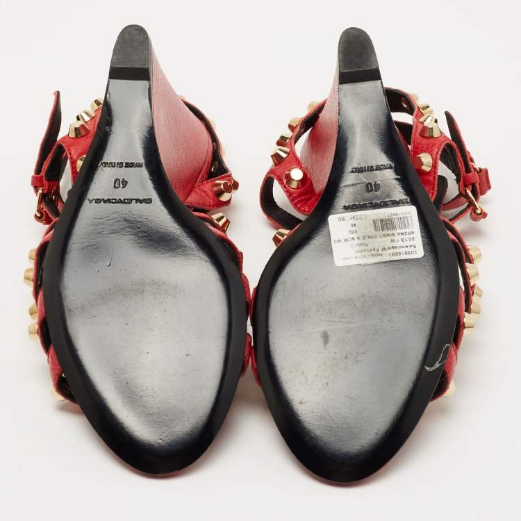 Pre Owned Balenciaga Red Leather Arena Wedge Sandals Size 40
