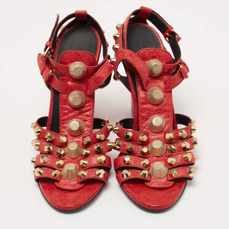 Pre Owned Balenciaga Red Leather Arena Wedge Sandals Size 40