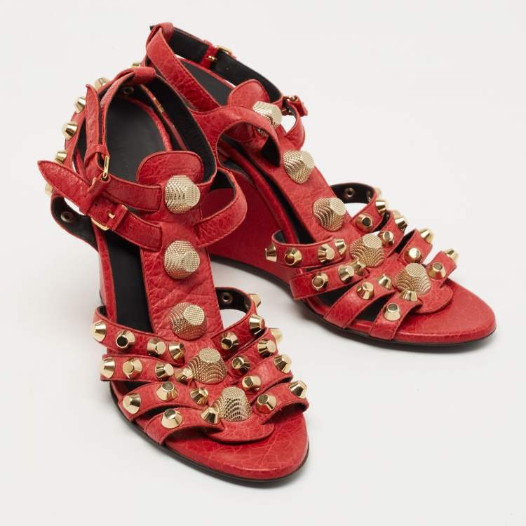 Pre Owned Balenciaga Red Leather Arena Wedge Sandals Size 40