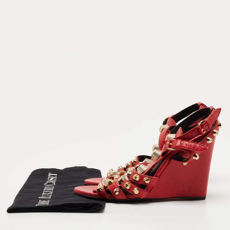 Pre Owned Balenciaga Red Leather Arena Wedge Sandals Size 40