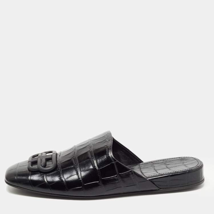 Pre Owned Balenciaga Black Croc Embossed Leather Cosy BB Flat Mules Size 37 