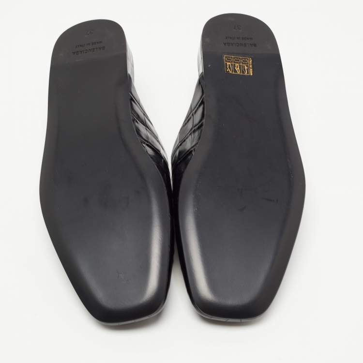 Pre Owned Balenciaga Black Croc Embossed Leather Cosy BB Flat Mules Size 37 