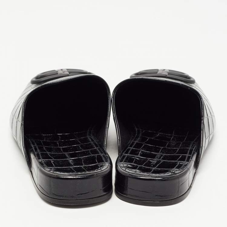 Pre Owned Balenciaga Black Croc Embossed Leather Cosy BB Flat Mules Size 37 