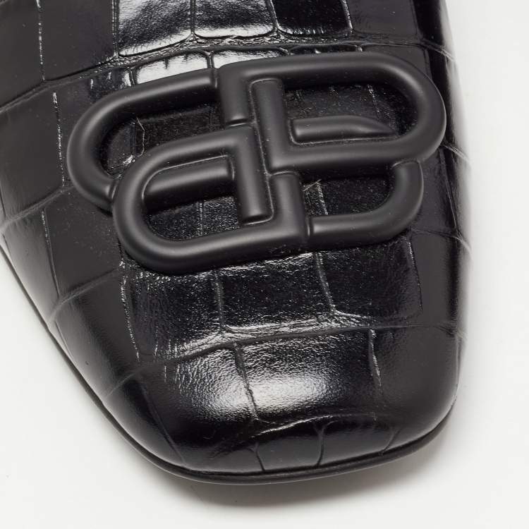 Pre Owned Balenciaga Black Croc Embossed Leather Cosy BB Flat Mules Size 37 