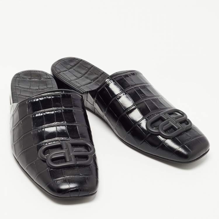 Pre Owned Balenciaga Black Croc Embossed Leather Cosy BB Flat Mules Size 37 