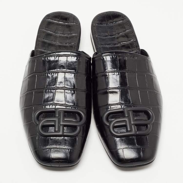 Pre Owned Balenciaga Black Croc Embossed Leather Cosy BB Flat Mules Size 37 