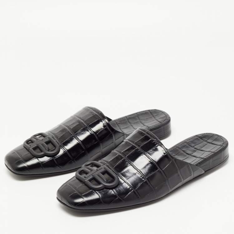 Pre Owned Balenciaga Black Croc Embossed Leather Cosy BB Flat Mules Size 37 