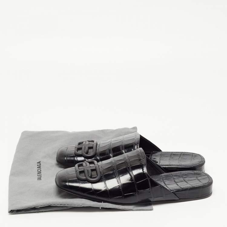 Pre Owned Balenciaga Black Croc Embossed Leather Cosy BB Flat Mules Size 37 