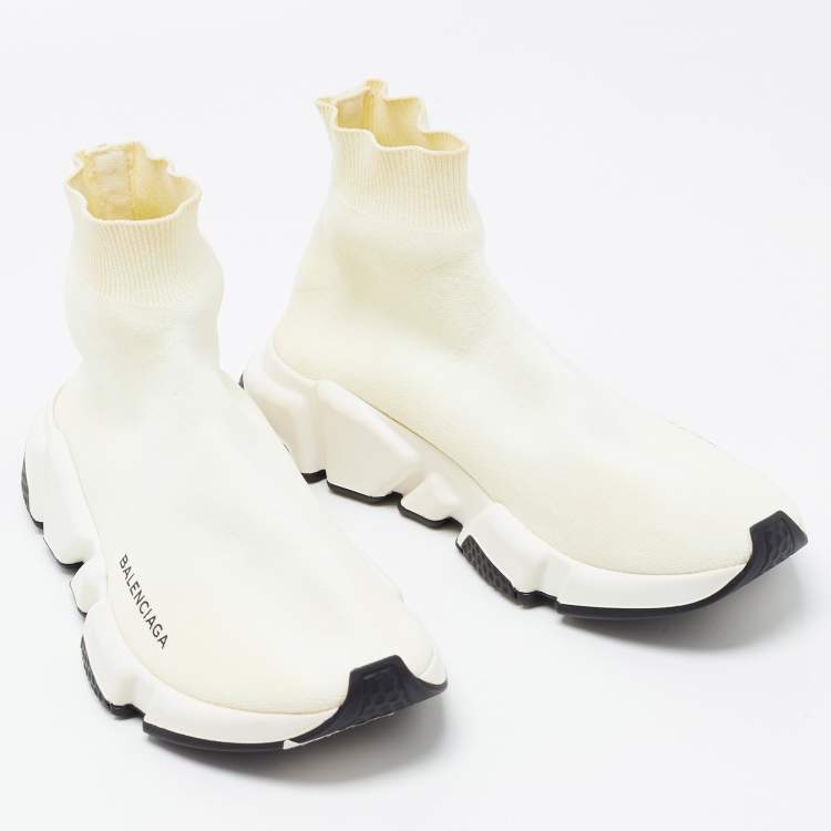 Pre Owned Balenciaga Off White Knit Fabric Speed Trainer Sneakers Size 39