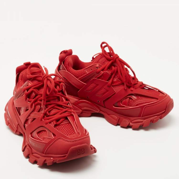 Pre Owned Balenciaga Red Mesh and Synthetic Leather Track Low Top Sneakers Size 39