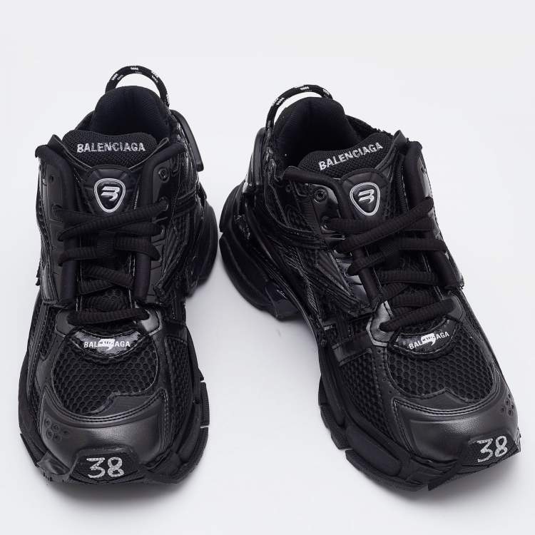 Pre Owned Balenciaga Black Leather and Mesh Track Runner Sneakers Size 38