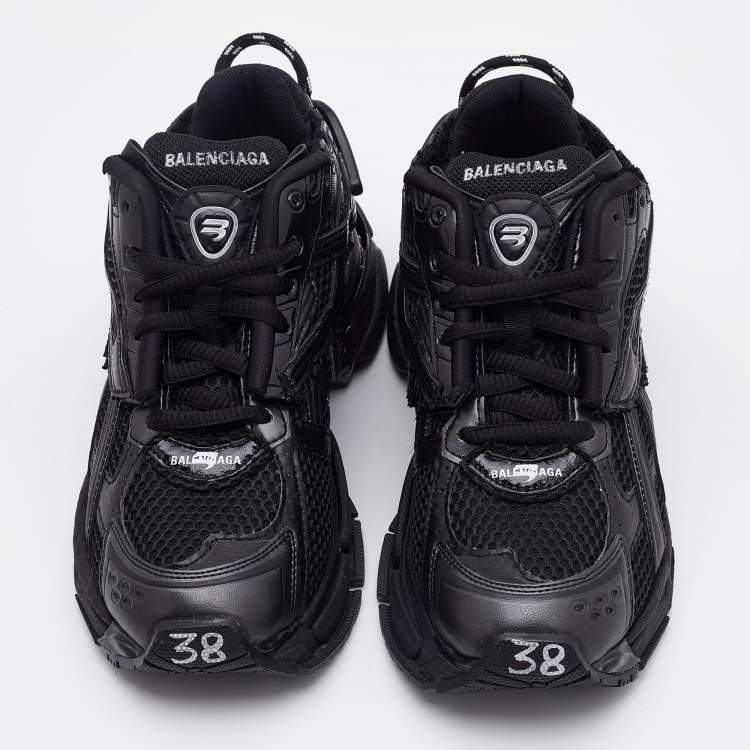 Pre Owned Balenciaga Black Leather and Mesh Track Runner Sneakers Size 38