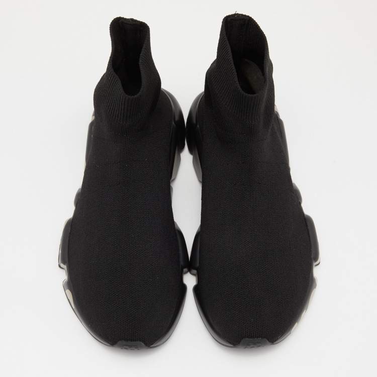 Pre Owned Balenciaga Black Knit Fabric Logo Speed Trainer Sneakers Size 38