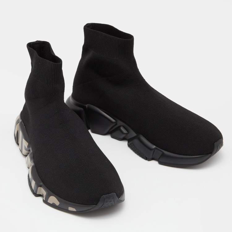 Pre Owned Balenciaga Black Knit Fabric Logo Speed Trainer Sneakers Size 38