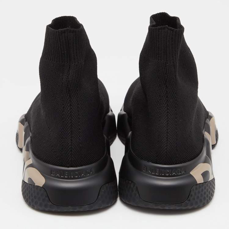 Pre Owned Balenciaga Black Knit Fabric Logo Speed Trainer Sneakers Size 38