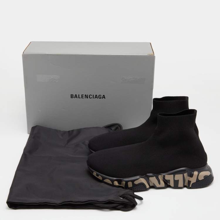 Pre Owned Balenciaga Black Knit Fabric Logo Speed Trainer Sneakers Size 38