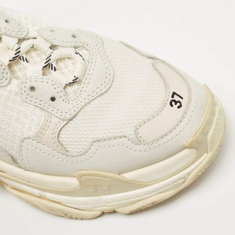 Pre Owned Balenciaga White/Grey Leather and Mesh Triple S Sneakers Size 37