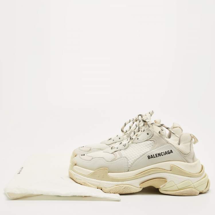 Pre Owned Balenciaga White/Grey Leather and Mesh Triple S Sneakers Size 37