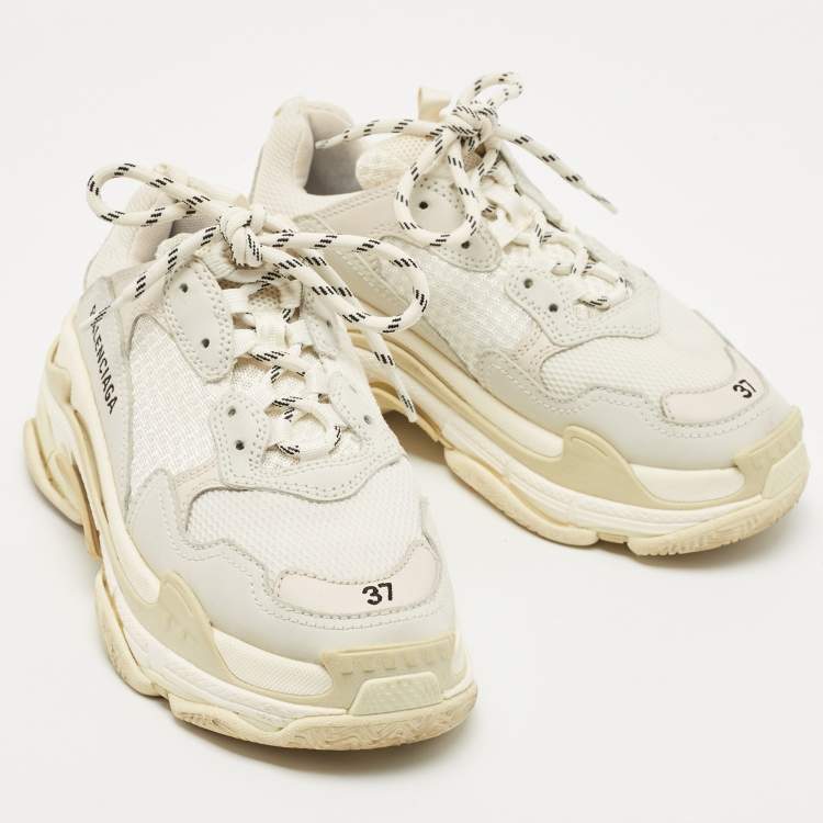 Pre Owned Balenciaga White/Grey Leather and Mesh Triple S Sneakers Size 37