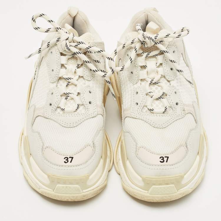 Pre Owned Balenciaga White/Grey Leather and Mesh Triple S Sneakers Size 37