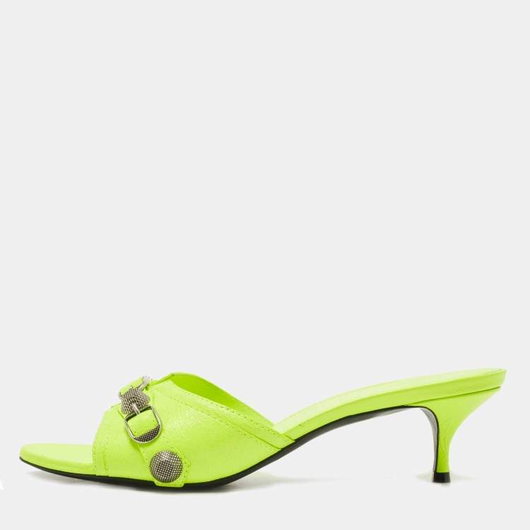 Balenciaga Neon Yellow Leather Cagole Slide Sandals Size 41