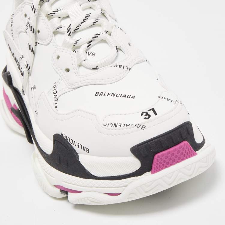 Pre Owned Balenciaga White Leather Triple S All Over Logo Sneakers Size 37