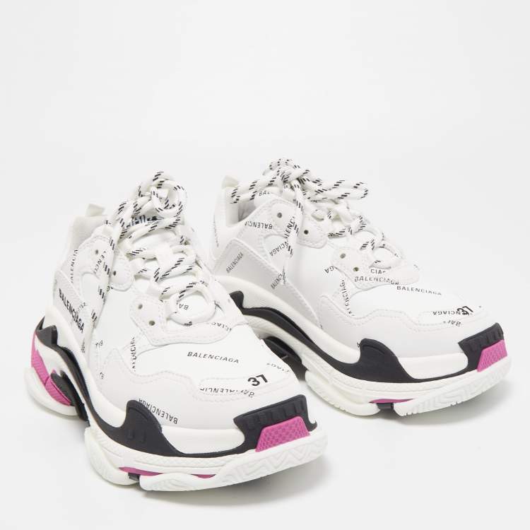 Pre Owned Balenciaga White Leather Triple S All Over Logo Sneakers Size 37