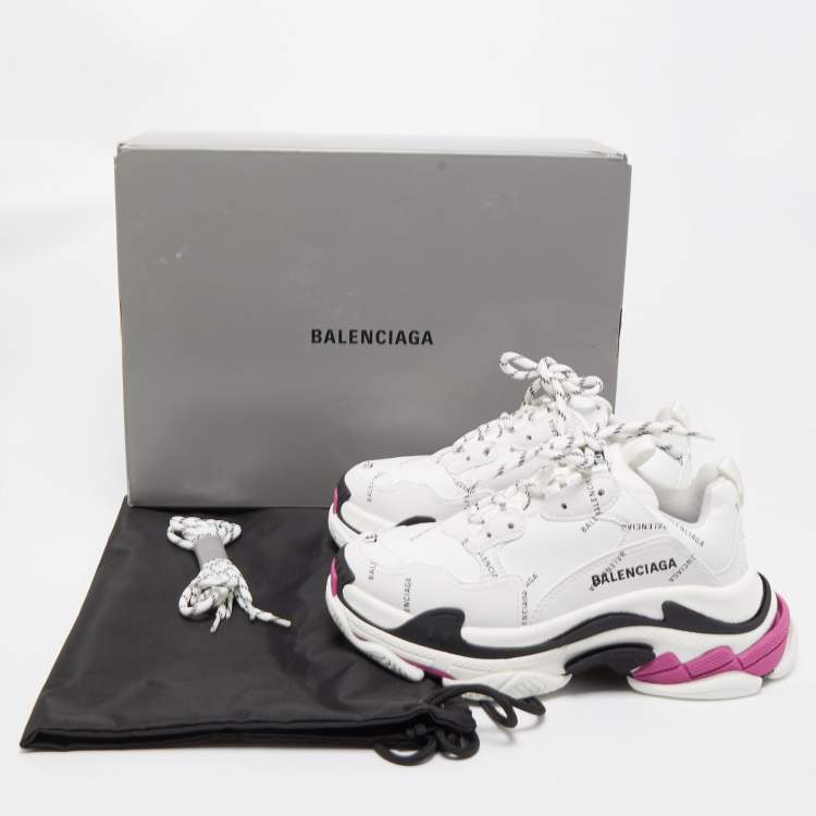 Pre Owned Balenciaga White Leather Triple S All Over Logo Sneakers Size 37