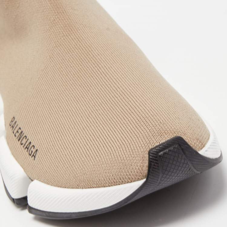 Pre Owned Balenciaga Light Brown Knit Fabric Speed Trainer Sneakers Size 38