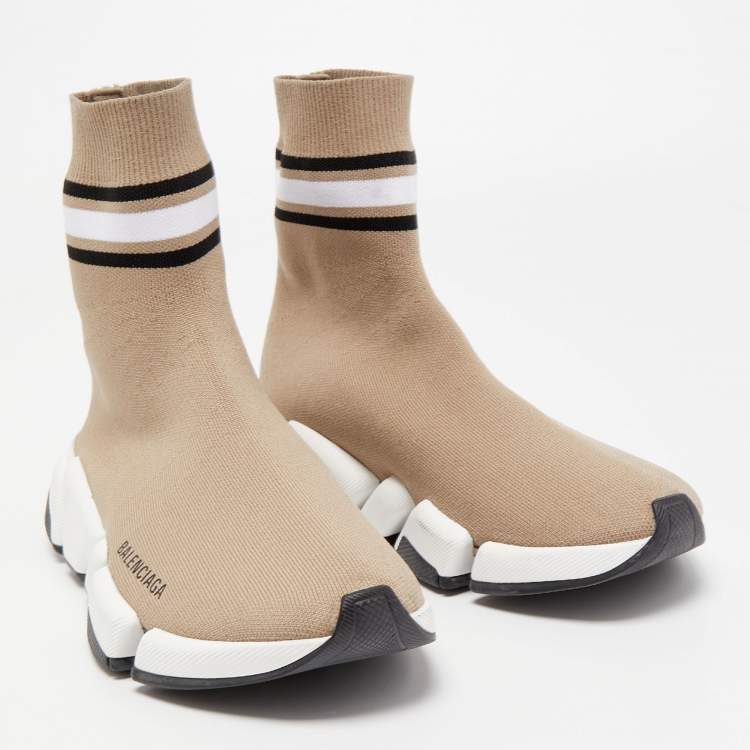 Pre Owned Balenciaga Light Brown Knit Fabric Speed Trainer Sneakers Size 38
