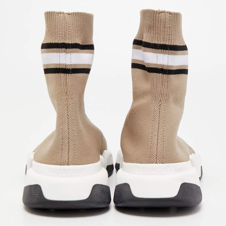Pre Owned Balenciaga Light Brown Knit Fabric Speed Trainer Sneakers Size 38