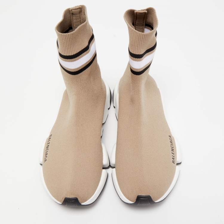 Pre Owned Balenciaga Light Brown Knit Fabric Speed Trainer Sneakers Size 38