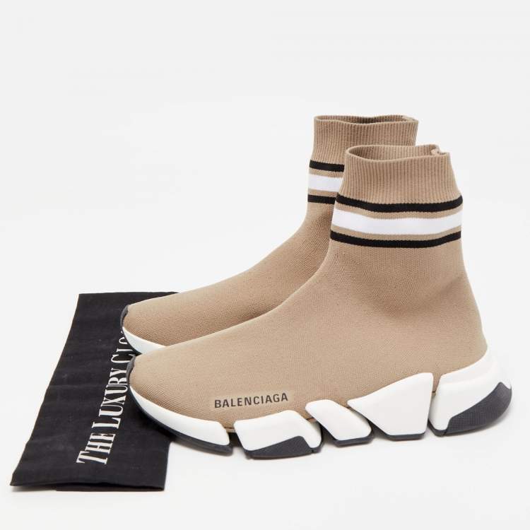 Pre Owned Balenciaga Light Brown Knit Fabric Speed Trainer Sneakers Size 38
