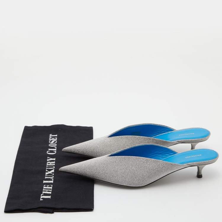 Pre Owned Balenciaga Silver Glitter Knife Pointed Toe Mules Size 39