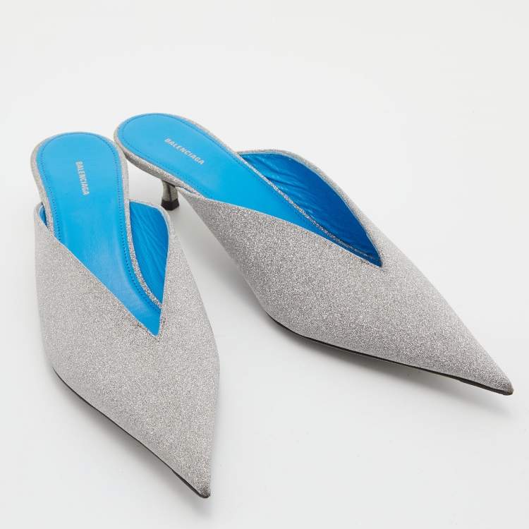 Pre Owned Balenciaga Silver Glitter Knife Pointed Toe Mules Size 39