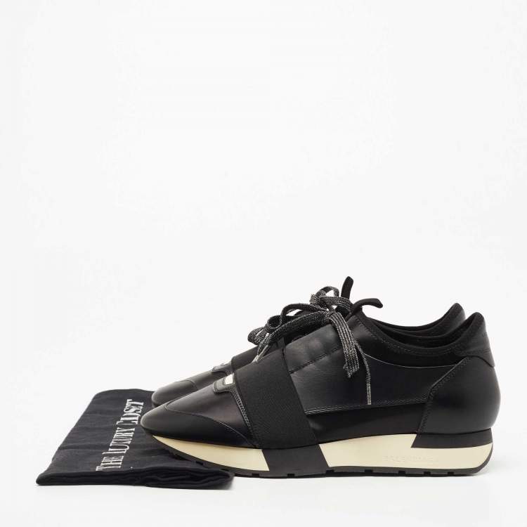 Pre Owned Balenciaga Black Leather and Satin Race Runner Sneakers Size 39