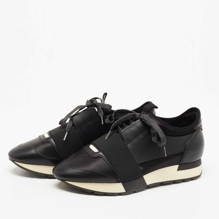 Pre Owned Balenciaga Black Leather and Satin Race Runner Sneakers Size 39