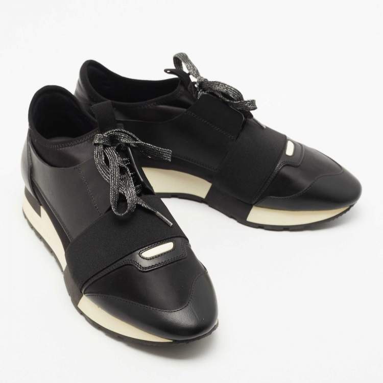 Pre Owned Balenciaga Black Leather and Satin Race Runner Sneakers Size 39