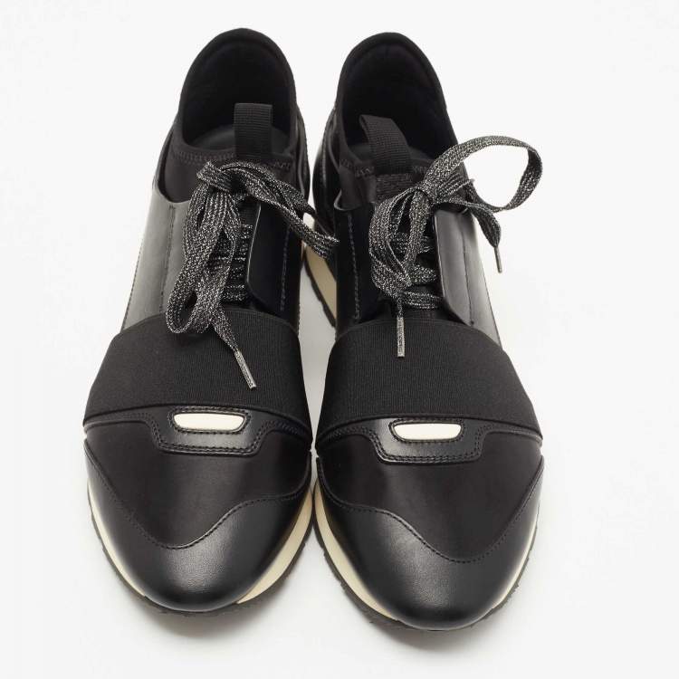 Pre Owned Balenciaga Black Leather and Satin Race Runner Sneakers Size 39