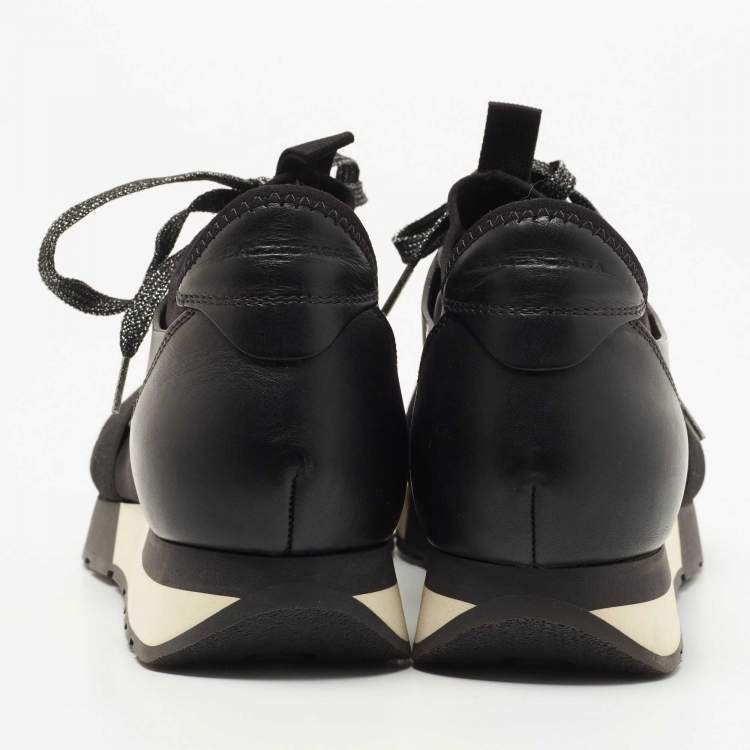 Pre Owned Balenciaga Black Leather and Satin Race Runner Sneakers Size 39